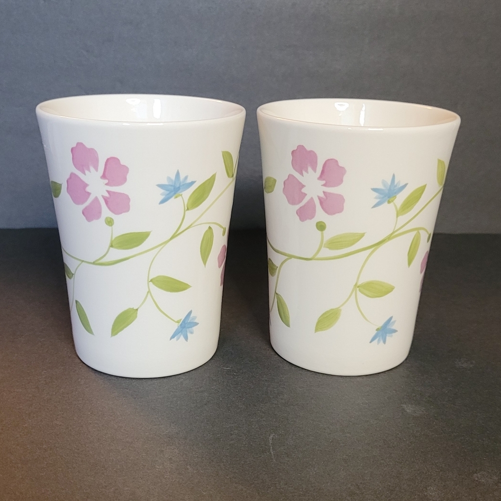 Lovely Handpainted Cream Floral Stoneware Mugs Set of 2 RARE - Picture 3 of 10